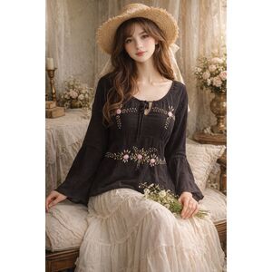 Vintage Embroidered Boho Prairie Peasant Cottagecore Whimsygoth Blouse Size L